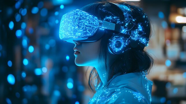 A student wearing a VR headset, immersed in AI learning, with a glowing blue hologram of machine learning algorithms hovering above. Futuristic classroom setting