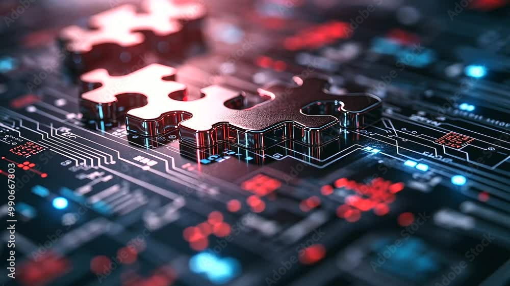 Poster api integration concept depicted with digital puzzle pieces interlocking over a sleek, high-tech bac