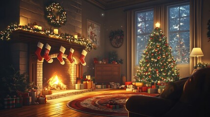 Cozy Christmas living room with a glowing tree, stockings, and a festive fireplace mantel.