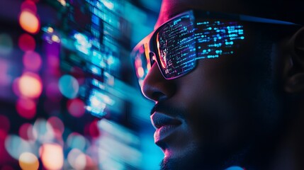 African American cyber analyst in a futuristic lab, augmented reality interface displaying network threats, holographic AI symbols, blue and purple lighting, tech collage