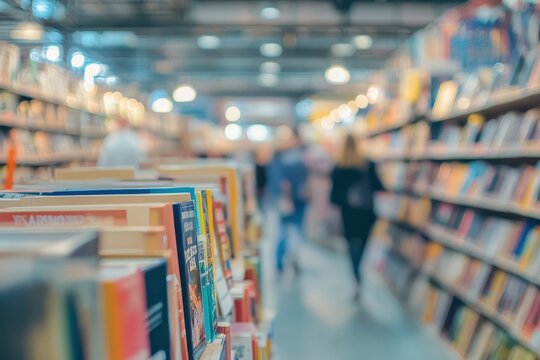 Blurred figures at a book fair symbolizing knowledge and education