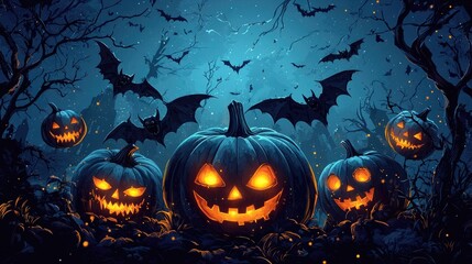 Fototapeta premium Spooky Halloween night with glowing pumpkins and bats
