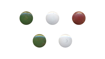 a set of colorful aged circles, rusty stationery tacks in png format, front view, isolated metal push rounded pins on transparent background	
