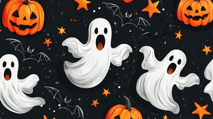 Fototapeta premium Whimsical Halloween pattern with ghosts, bats, and pumpkins