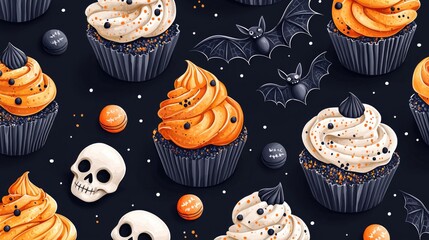 Halloween-themed cupcakes with bats and skulls pattern