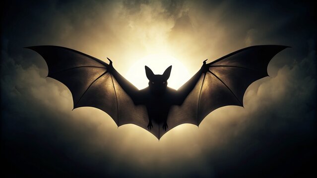 Against a soft, radiant backdrop, a black silhouette of a bat extends its wings in a dramatic arc,