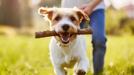 A mixed breed dog joyfully bounds across a lush green field, happily clutching a large stick in its mouth while a person walks nearby, sharing in the moment of pure delight.