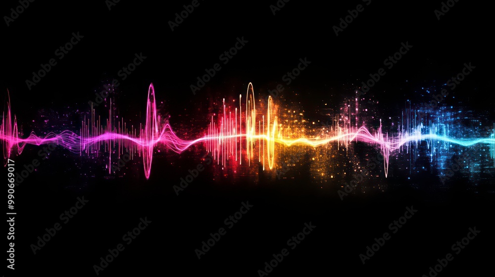Poster abstract colorful sound wave with sparkles on black background.