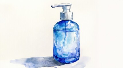 Obraz premium A clear blue pump bottle cast in soft light on a neutral background emphasizing its design and functionality in a minimalistic setting