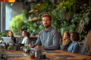 An HR specialist conducting a group training workshop in a modern office space, with interactive activities and team-building exercises. Concept of employee development and training.