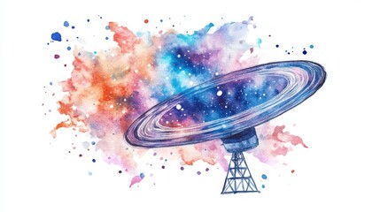 A vibrant watercolor illustration of a satellite dish set against a colorful cosmic background with stars and galaxies
