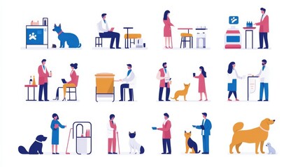 A variety of illustrated scenes showcase pet care services, including dog walking, grooming, and shopping at a dog-friendly cafe, all set against a clean, white background.