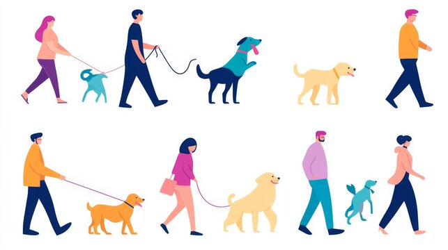 Individuals delight in walking their dogs in a lively urban environment, showcasing the bond between pets and their owners