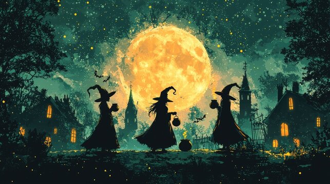 Enchanting witches under a full moon in a spooky village