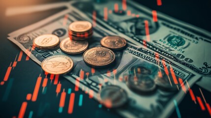 Stacks of coins and dollar bills displayed on a dark surface with financial graphs overlaying the currency in a modern setting