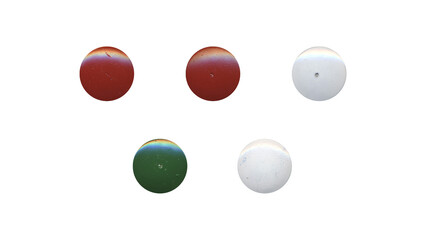 a set of colorful clear circles, empty stationery tacks in png format, front view, isolated metal push rounded pins on transparent background