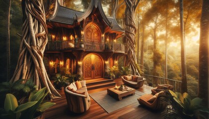 Antique wooden altar bathed in soft light, surrounded by ornate furniture and stained glass windows, creates a serene atmosphere in the church's interior