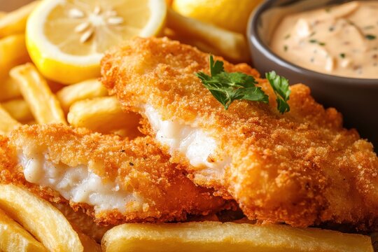 Crispy deep fried Alaska pollock fillets with fries remoulade sauce and lemon