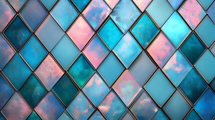diagonal diamond shaped tiles in aurora and teal and pink colors, Generative AI