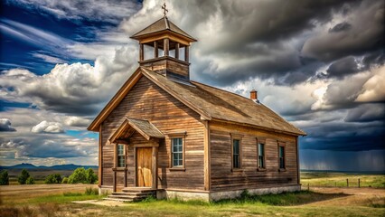A historic one-room schoolhouse stands proudly, its weathered wooden exterior, worn windows, and bell tower a testament