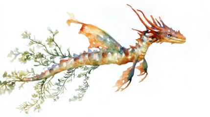 A colorful dragon-like creature with fin-like features glides gracefully through the water surrounded by aquatic vegetation