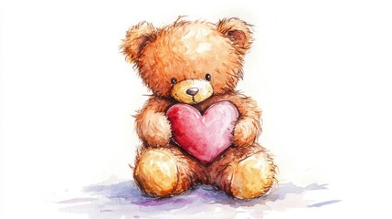 Cute teddy bear holding a heart sitting against a soft white background, perfect for conveying love and affection