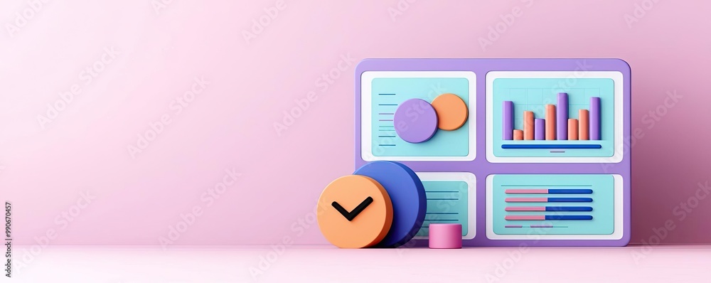 Wall mural colorful data visualization dashboard with graphs, charts, and metrics on a pastel background for bu