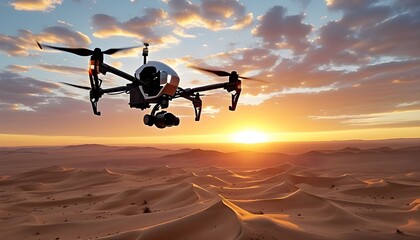 Aerial view of desert landscape illuminated by vibrant sunset colors