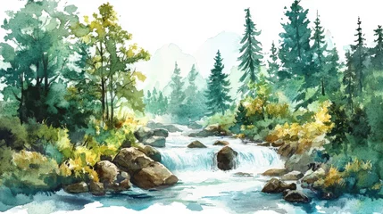 A tranquil watercolor depiction of a serene river flowing through a lush forest with distant mountains on a bright day