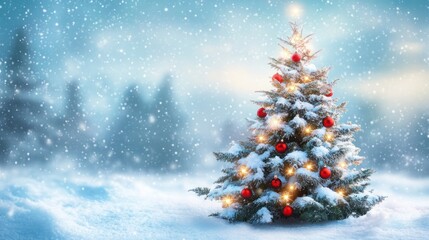 Obraz premium Snow-covered Christmas tree with glowing lights and red ornaments in a magical winter landscape.