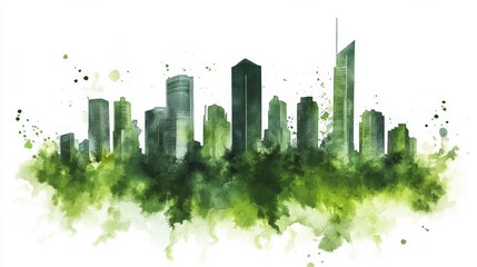 Obraz premium A vibrant green watercolor skyline showcasing modern city architecture with lush greenery at sunrise