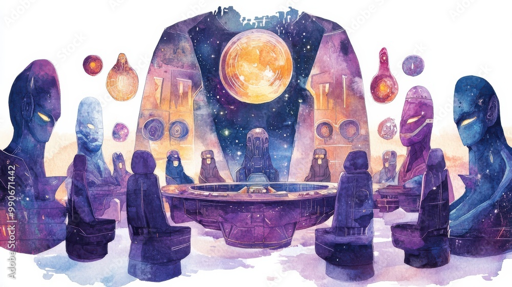Poster A gathering of alien beings around a circular table under a cosmic backdrop with planets in a mystical space setting