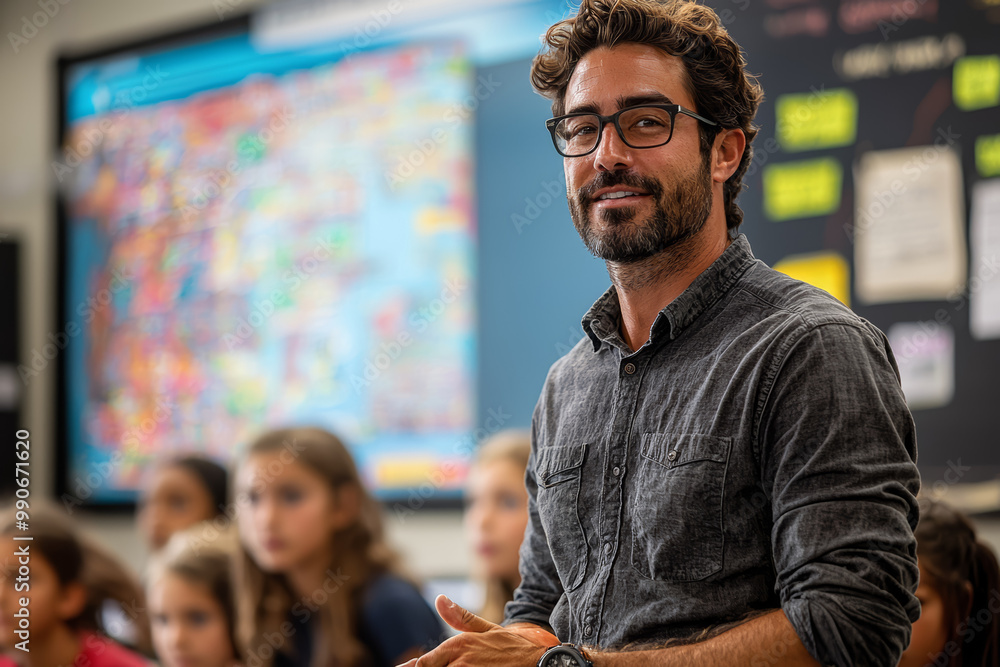 Poster a teacher engaging with students in a classroom setting, using interactive methods to enhance learni