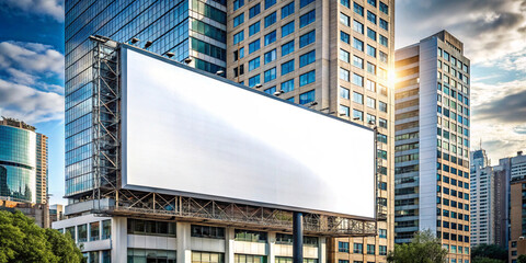 A blank white billboard in a bustling urban setting surrounded by modern glass buildings. The ideal scene for advertising, promotions, or marketing campaigns