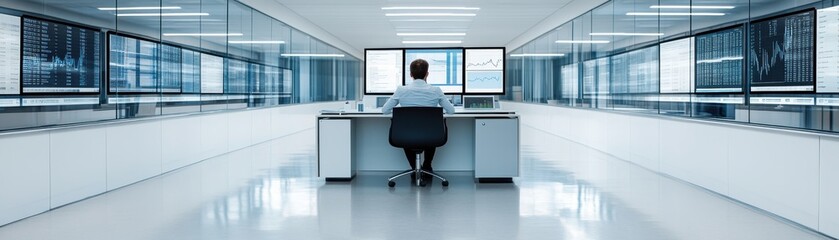 A professional workspace featuring a person working on a computer in a modern, minimalist office environment.