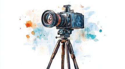 A vintage camera on a tripod surrounded by colorful splashes, capturing the essence of photography in a creative art style