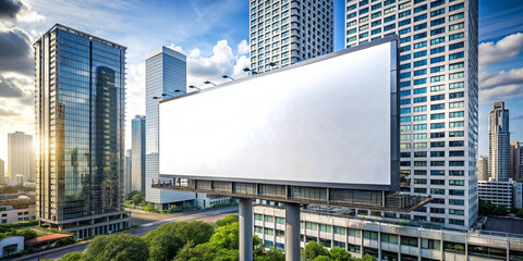 Obraz premium A blank white billboard in a bustling urban setting surrounded by modern glass buildings. The ideal scene for advertising, promotions, or marketing campaigns