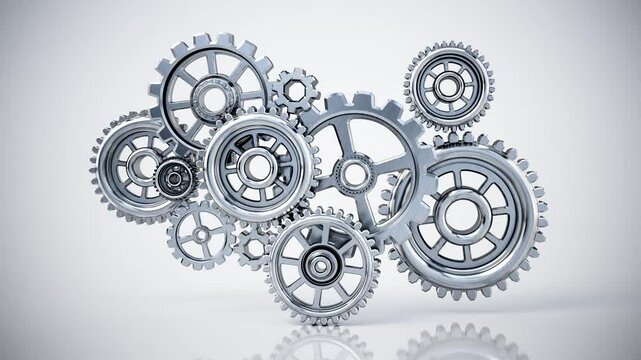 Metallic gears in various size and shapes rotating.