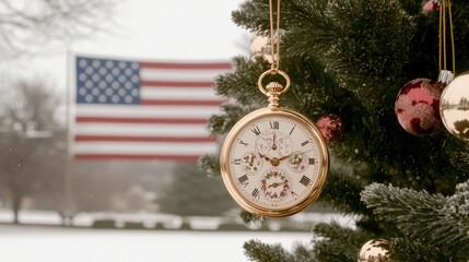 A vintage pocket watch adorned with floral patterns hangs gracefully from an old Christmas tree, set against a blurred American flag backdrop