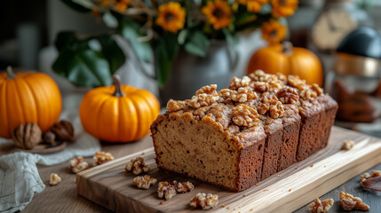 A walnut loaf of bread sits on a wooden cutting board with a pile of walnuts on