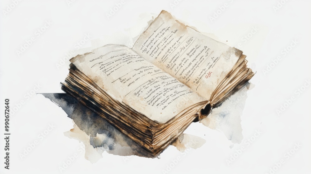 Poster a weathered, open book with handwritten notes resting on a table in soft lighting, showcasing vintag