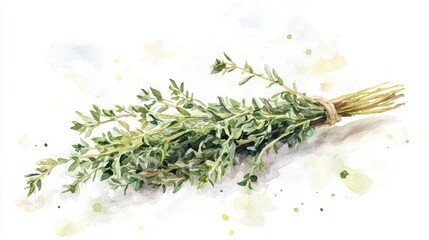 Custom vertical slats for kitchen with your photo Freshly harvested thyme bundle tied with twine, surrounded by soft watercolor splashes in a delicate still life arrangement