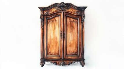 Elegant vintage wooden wardrobe displayed against a white wall with intricate carvings and warm tones highlighting its craftsmanship