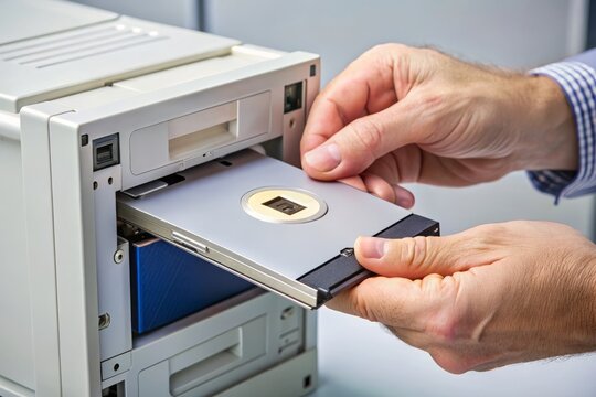 An retro vignette: a person's fingers delicately insert a 3.5-inch floppy disk into the drive, the sound of