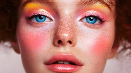 Fototapeta premium fashion model woman make up. Beautiful girl model with multi-colored paints on face. A portrait of a beautiful young girl with make-up in bright colors