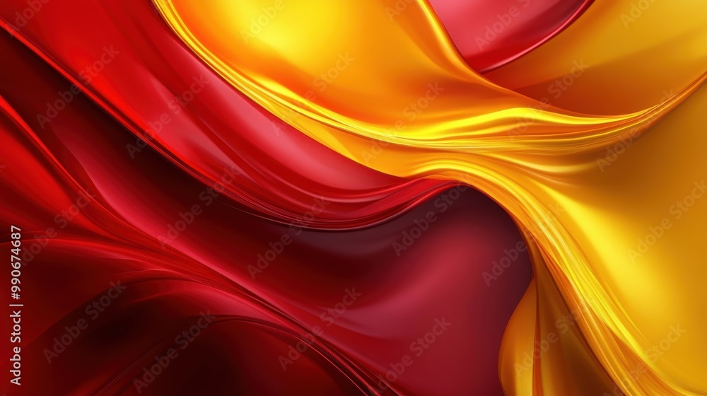 Poster elegant fabric draping in vibrant red and gold colors, showcasing a smooth and flowing texture under