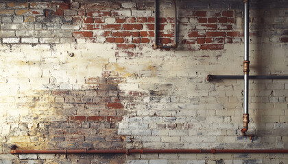 A textured wall with exposed bricks, metal pipes, and raw concrete, offering a modern, urban, and gritty aesthetic