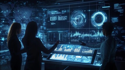 Three professionals analyze complex data visualizations on a high-tech interface in a futuristic workspace during the evening