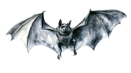 A detailed illustration of a bat in flight displaying its wings against a white background
