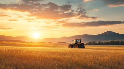 Fototapeta premium A tractor drives through a field at sunset.